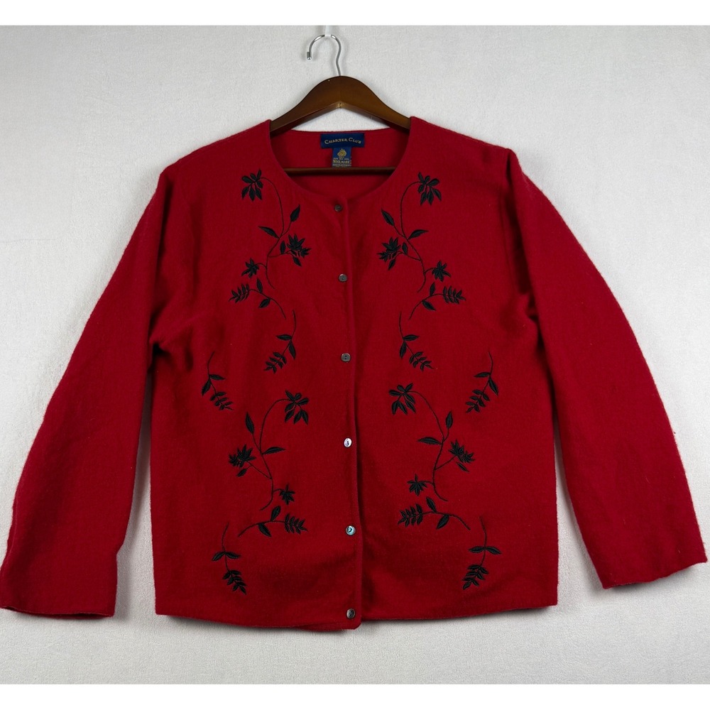 Vintage Charter Club Red Wool Floral Embroidered Cardigan Sweater Large 90s